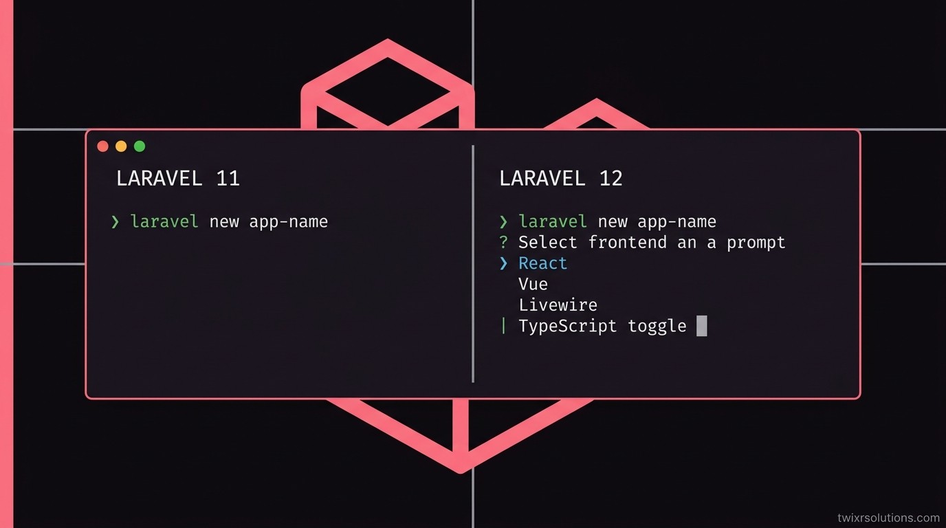 Side-by-side comparison of laravel new scaffold output in Laravel 11 vs Laravel 12, showing the new frontend kit selection prompt
