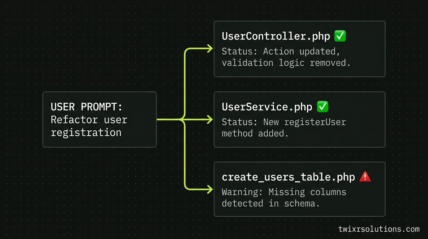 Diagram showing Cursor's Agent mode multi-file edit flow across a Laravel project structure