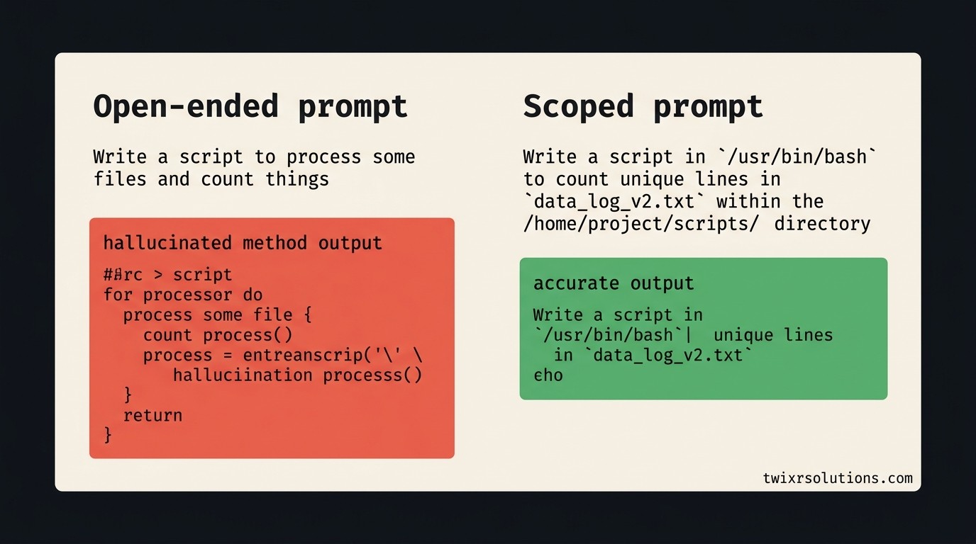Before/after comparison of scoped vs. open-ended Cursor prompts and their output accuracy