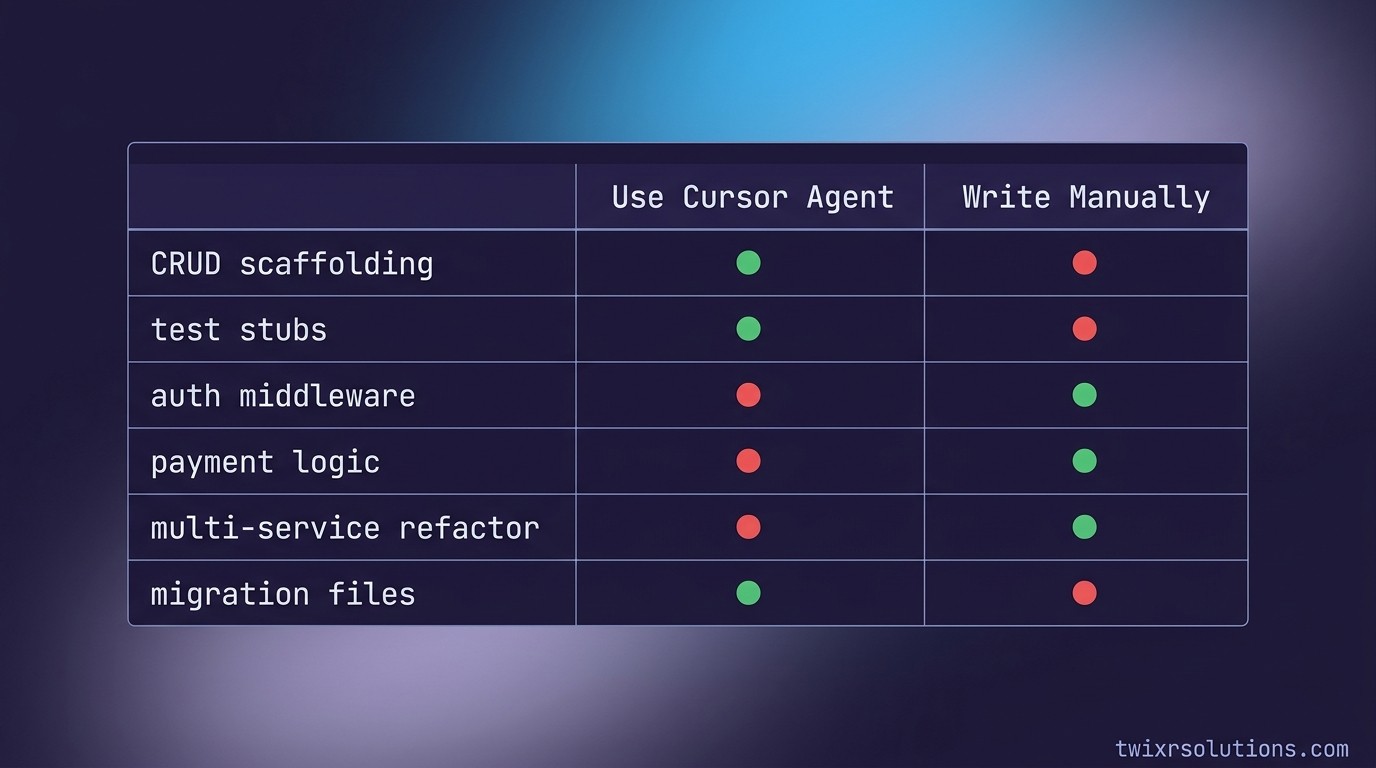 A clean decision table: when to use Cursor Agent mode vs. write manually, with specific code-type examples