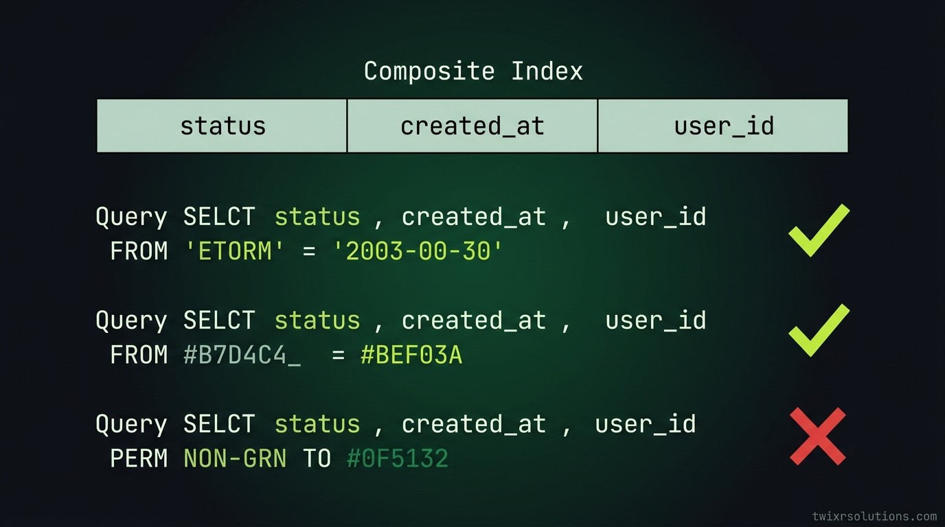 Diagram showing composite index left-prefix column usage across three query patterns