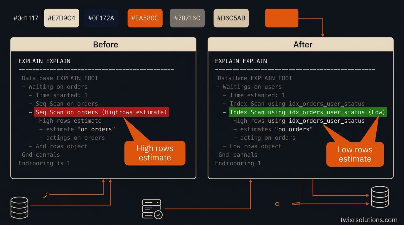 Before and after EXPLAIN ANALYZE output comparing sequential scan vs index scan on an orders table