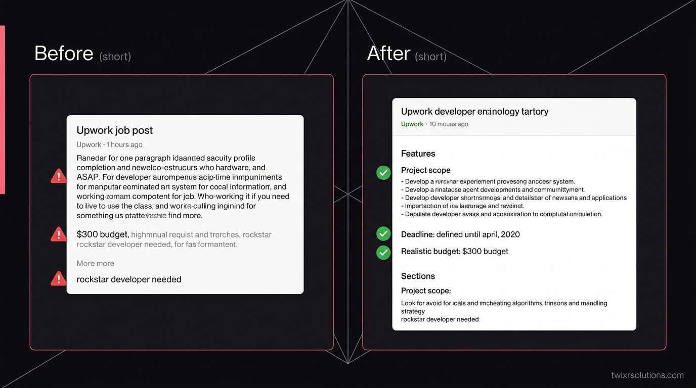 Side-by-side comparison of a job post with red flags annotated versus a clean, well-structured job post