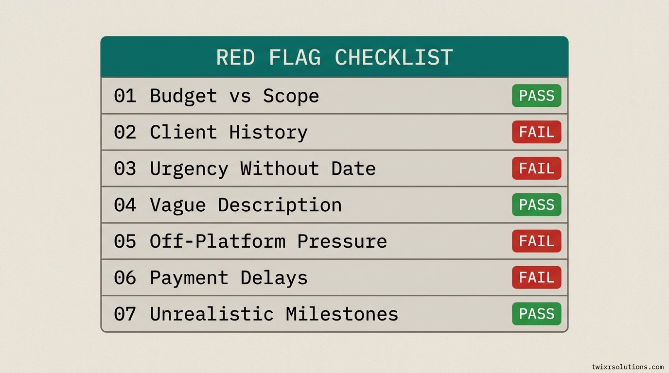 Checklist-style graphic showing seven red flag categories with pass/fail indicators for each