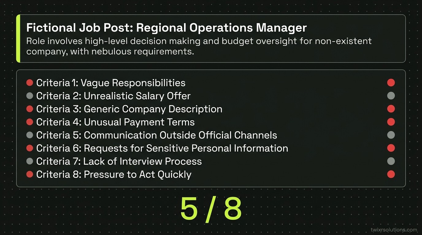 Visual scoring card showing a job post being evaluated against eight red flag criteria, with a total risk score displayed