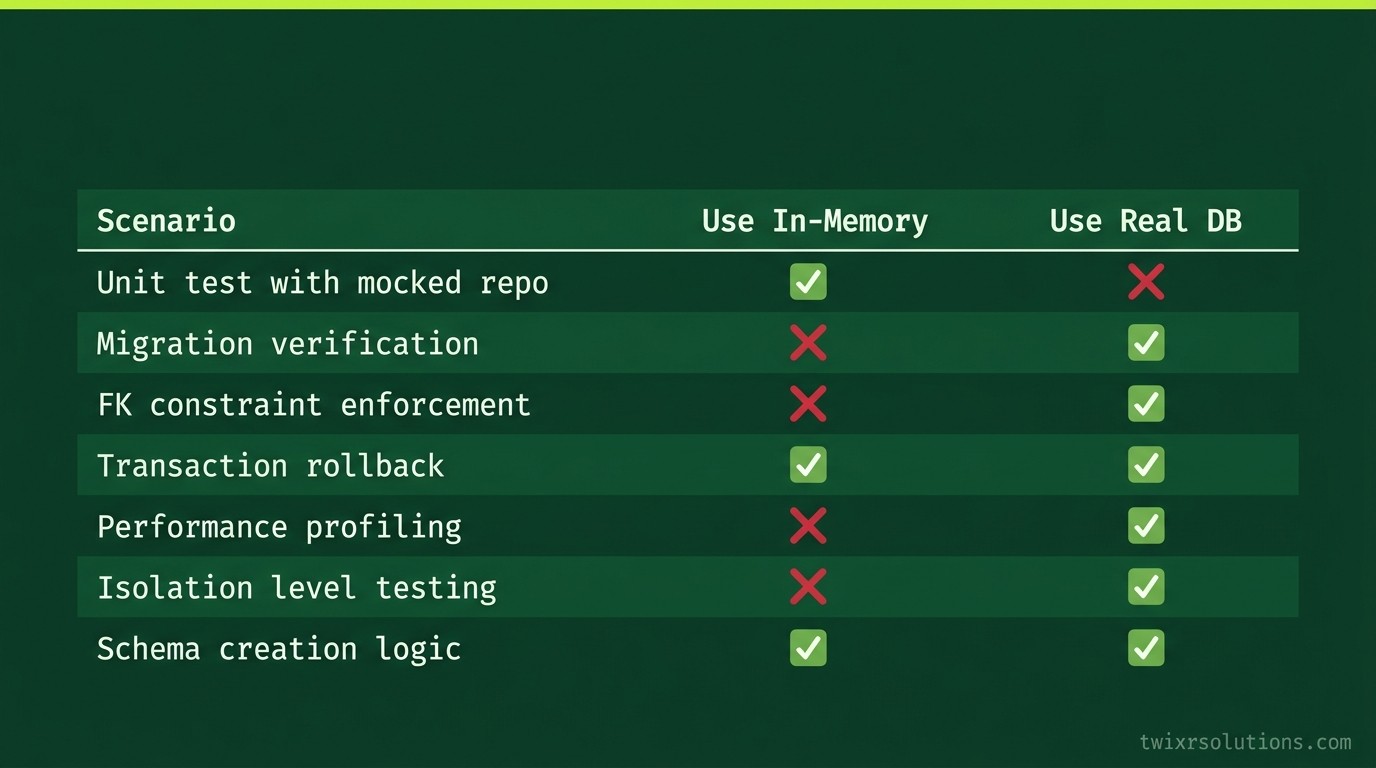 Decision table: real DB vs in-memory database for NestJS tests