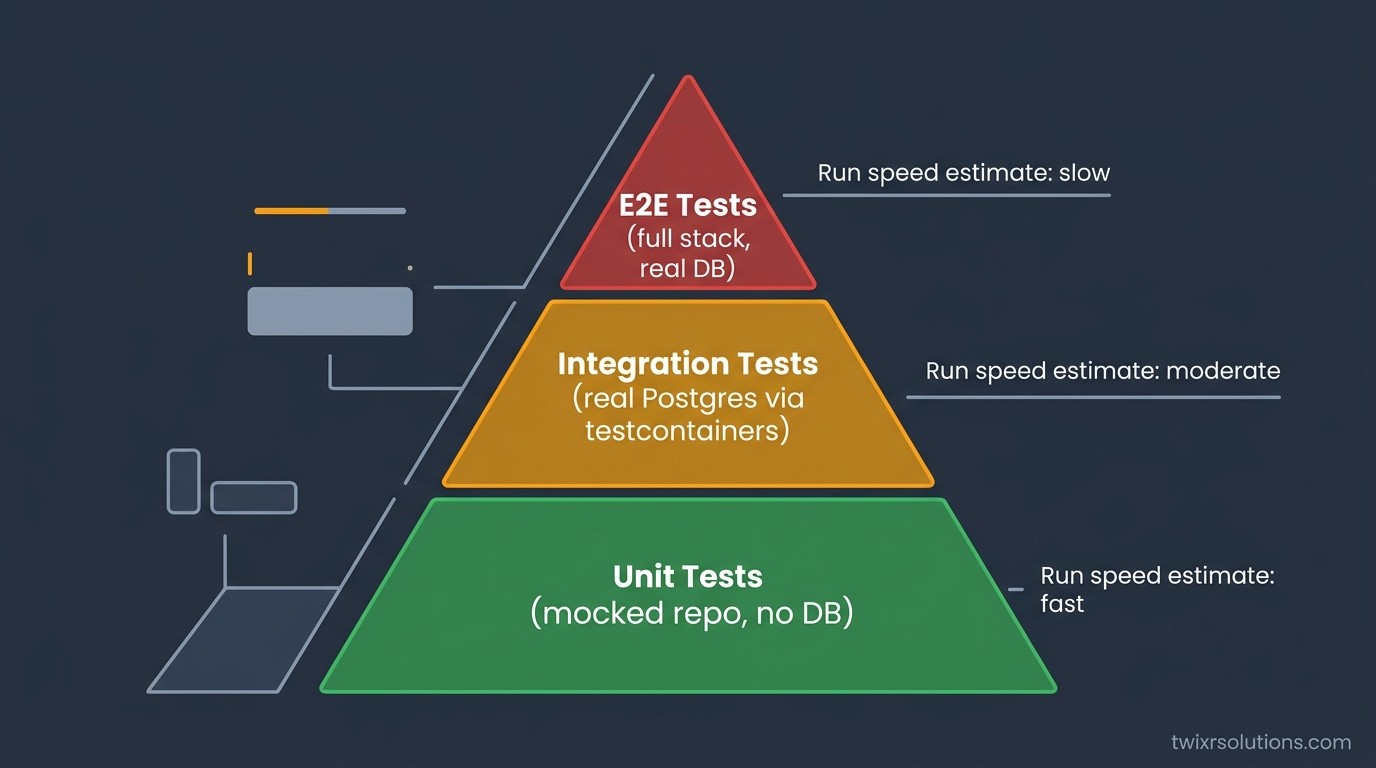 NestJS test pyramid showing unit, integration, and E2E layers with DB strategy per layer