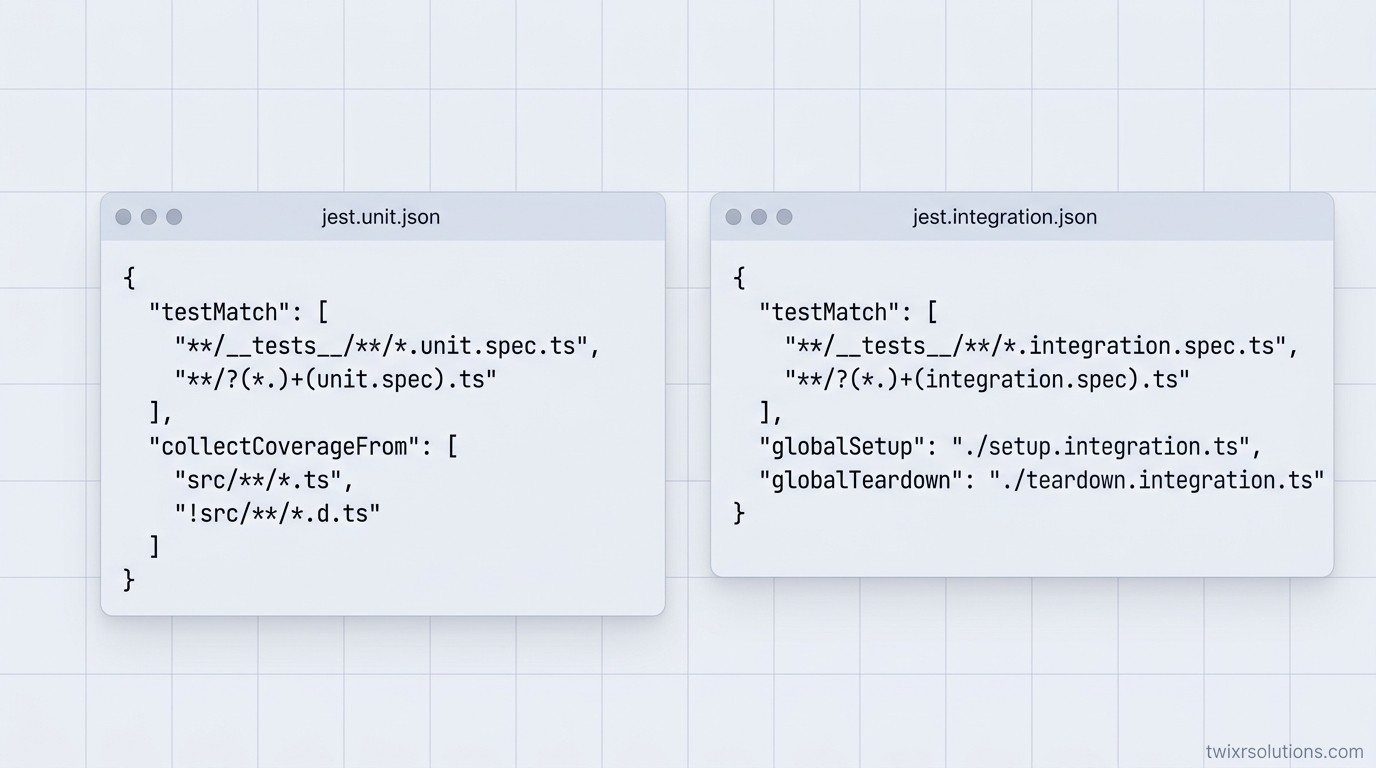 Jest config split showing unit vs integration vs E2E test runner configuration