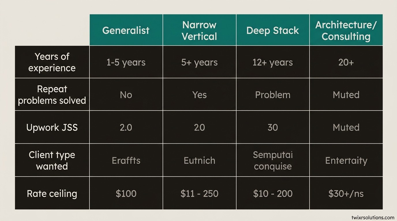 Decision table mapping engineer signals to the best freelance specialization lane
