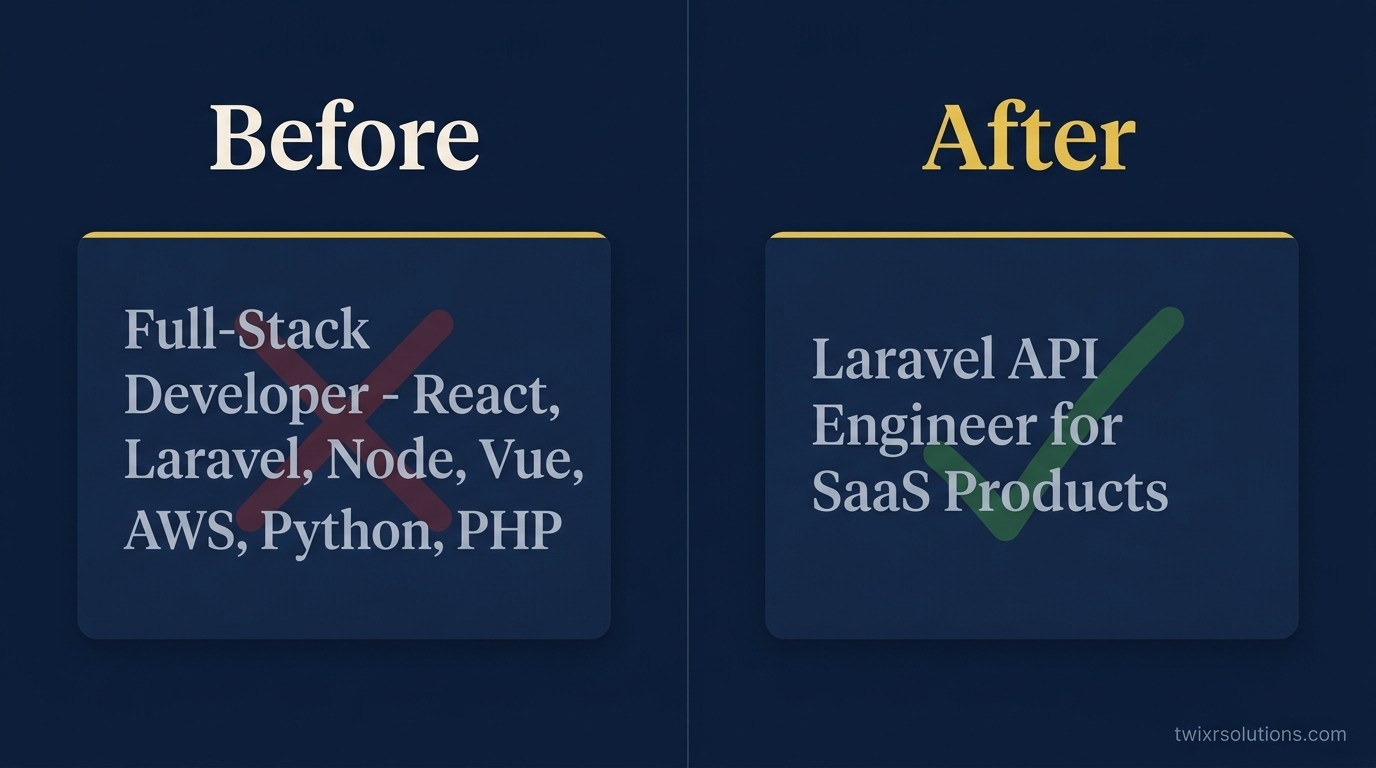 Before and after comparison of a generalist vs specialist Upwork profile title and overview section