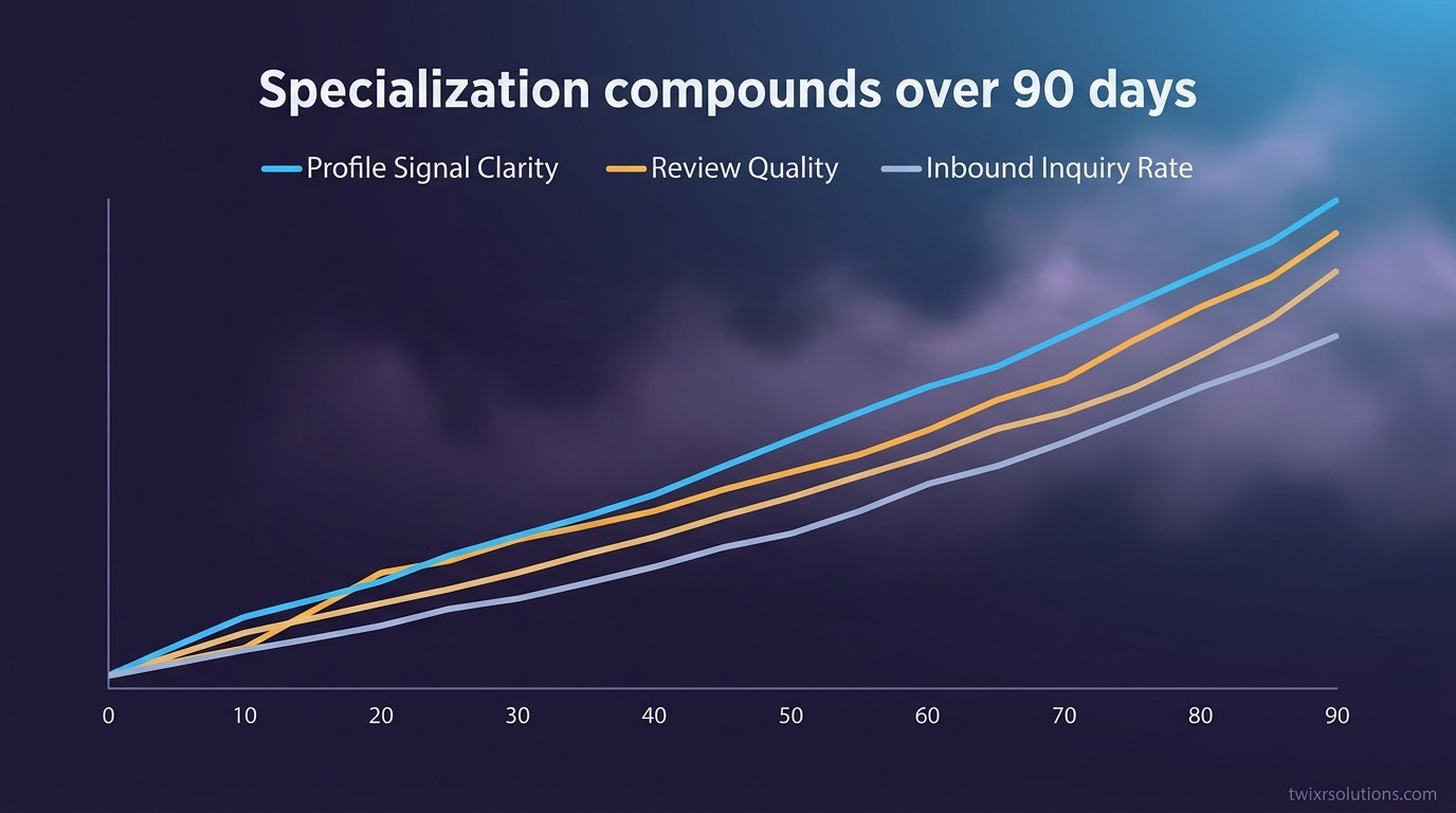 Diagram showing compounding effect of specialization over 90 days: profile signal clarity, review quality, and inbound rate increasing together