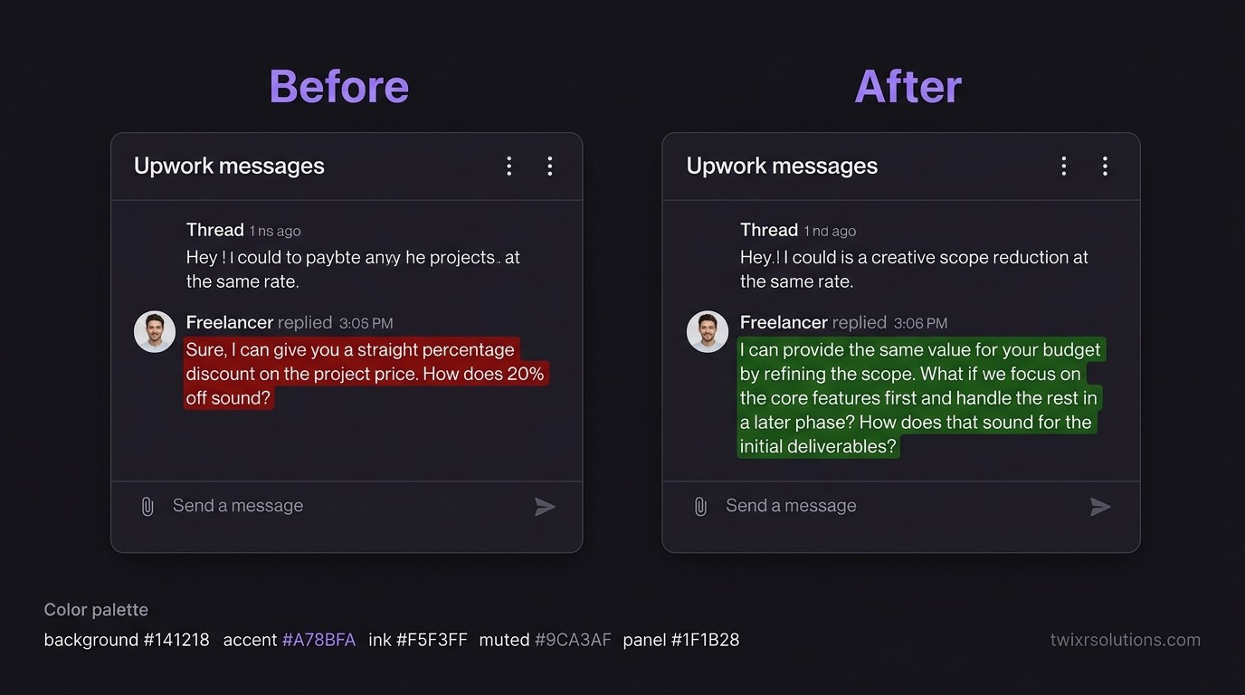 A clean before/after comparison: left side shows a freelancer replying with a straight discount, right side shows a freelancer offering scope reduction at the same rate - both styled as Upwork message threads on a dark card, watermarked twixrsolutions.com bottom-right
