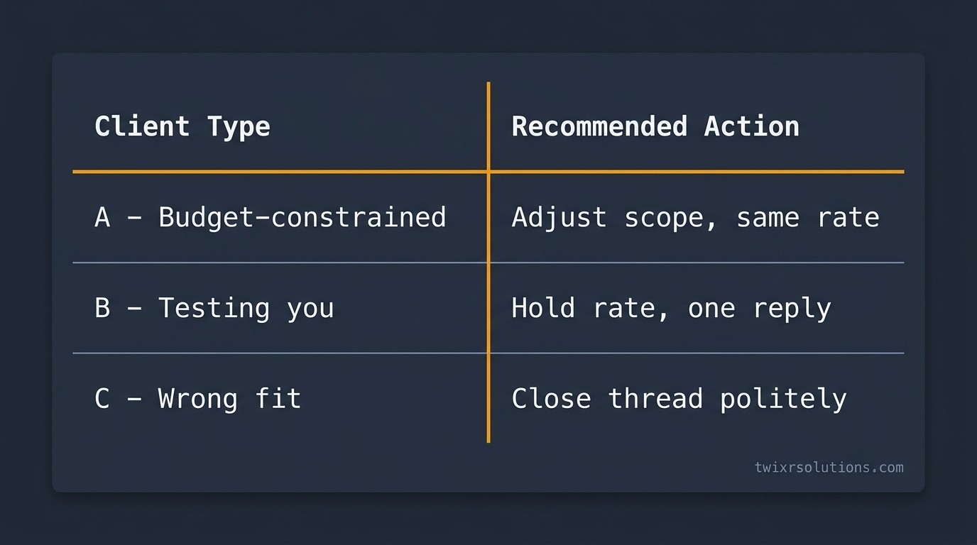 A two-column decision table on a dark card: left column lists client response types (Budget-constrained / Testing / Wrong fit), right column lists recommended actions (Adjust scope / Hold rate firmly / Close thread). Watermarked twixrsolutions.com bottom-right