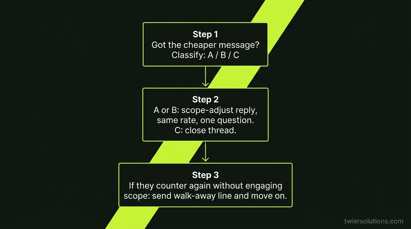 A 3-step flowchart on a dark background: Step 1 reads "Got the cheaper message?" with arrows to three client type labels, Step 2 shows the scope-adjustment reply template, Step 3 shows the walk-away line. Clean, minimal, sans-serif font, watermarked twixrsolutions.com bottom-right