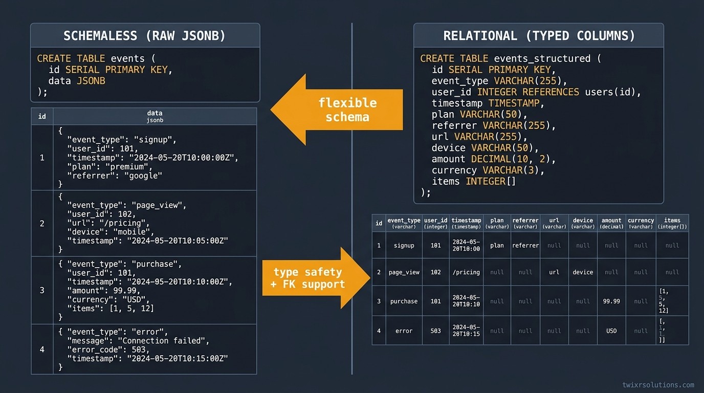 Diagram comparing JSONB column vs normalized columns in a PostgreSQL table with query patterns
