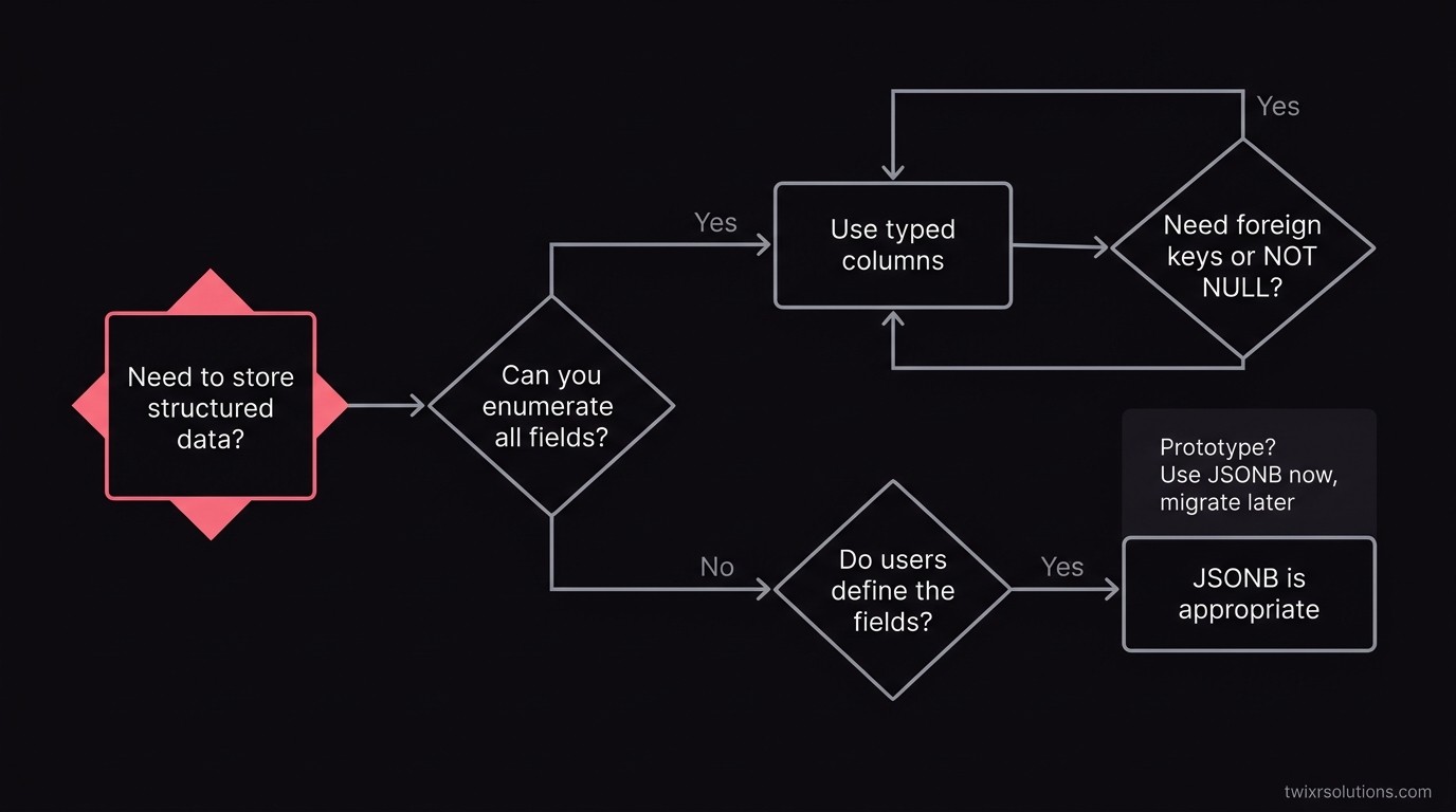 Decision flowchart for when to use JSONB vs a normalized relational column in PostgreSQL