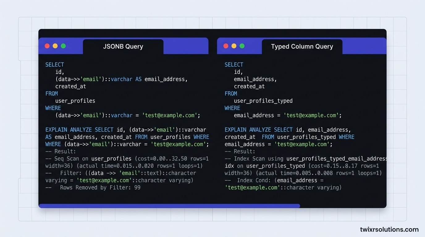Side-by-side code comparison: querying a JSONB key with expression index vs querying a typed column, showing SQL and EXPLAIN ANALYZE output