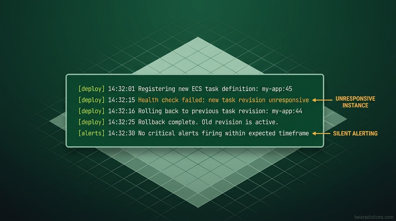 Terminal log card showing a failed ECS health check with callouts pointing to the silent rollback and missing alert