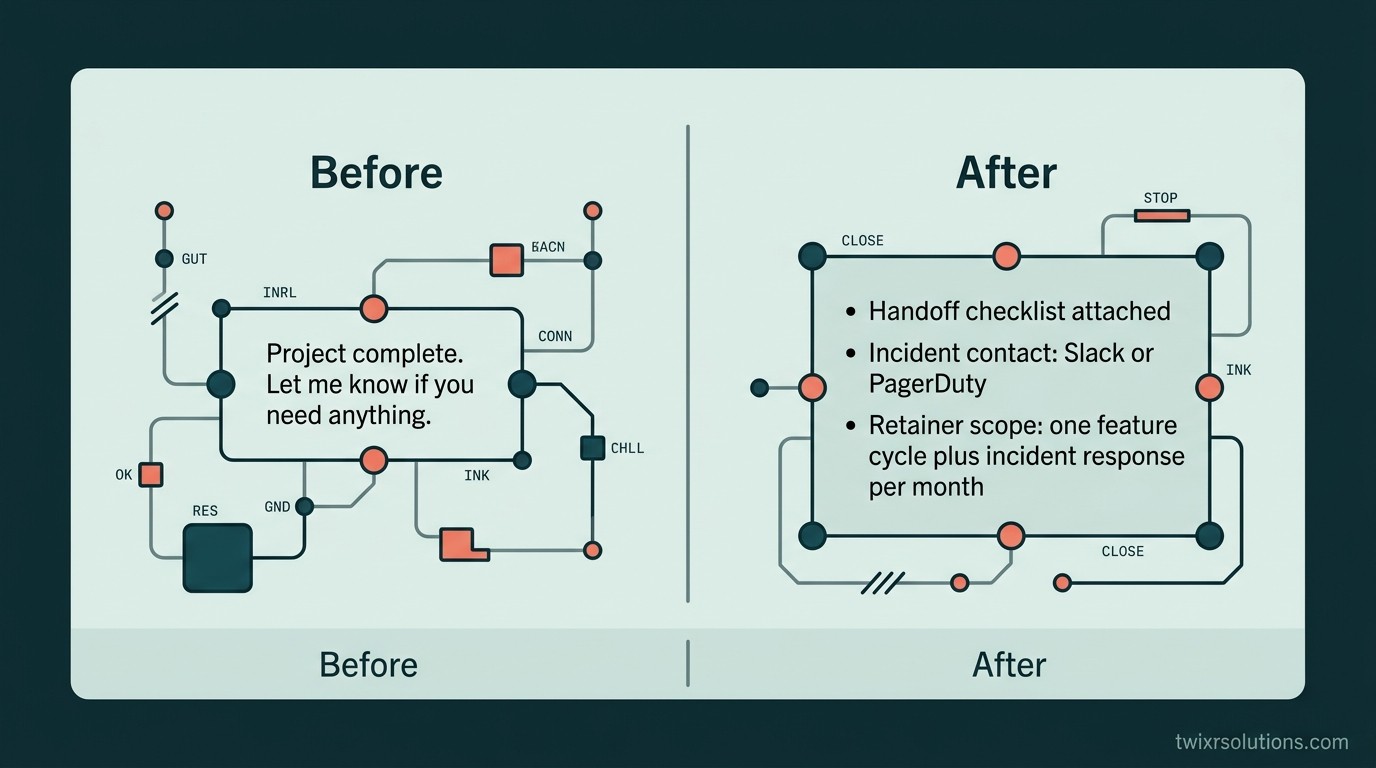 Before and after comparison panel: left panel shows a generic "project complete" message with no next steps; right panel shows a structured close with handoff checklist, incident contact, and retainer scope