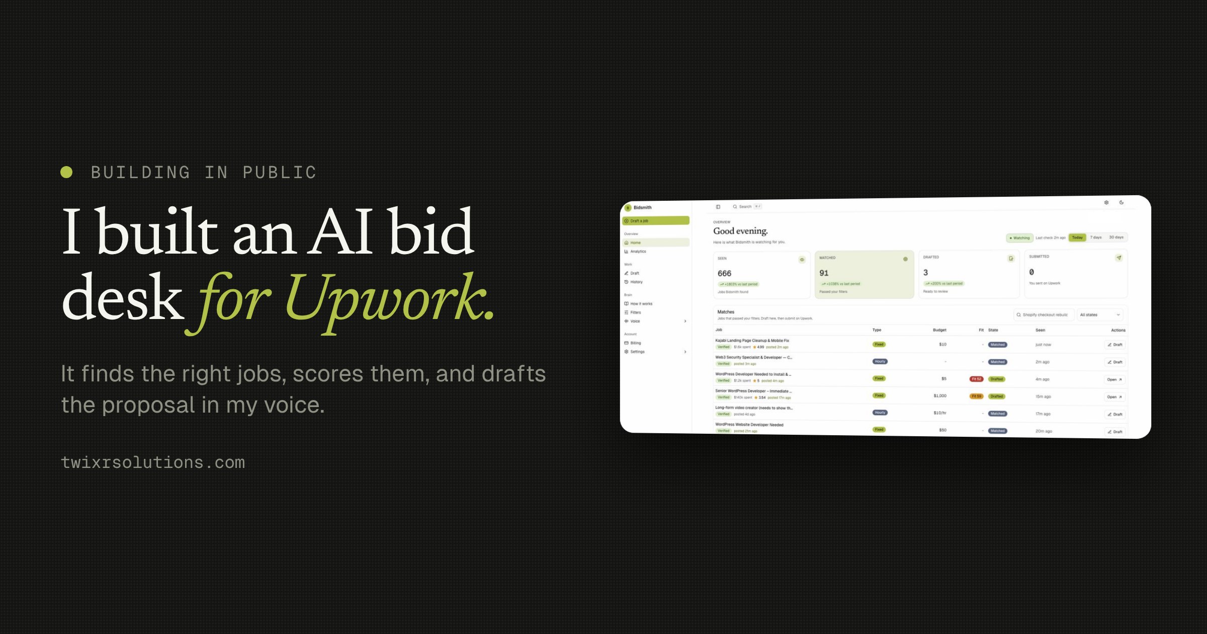 Cover image for I Built an AI Bid Desk for Upwork: Meet Bidsmith