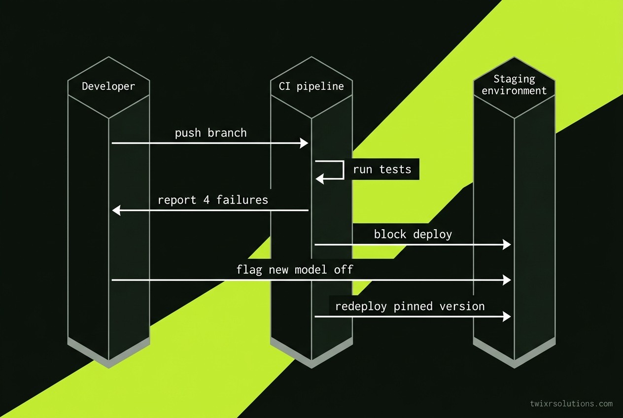 Sequence diagram of a blocked staging deploy and pinned redeploy
