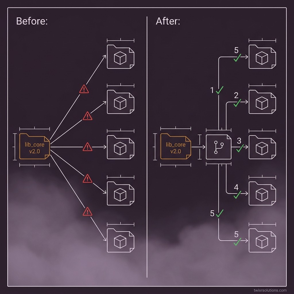 Before and after panels comparing ad hoc and staged dependency upgrades