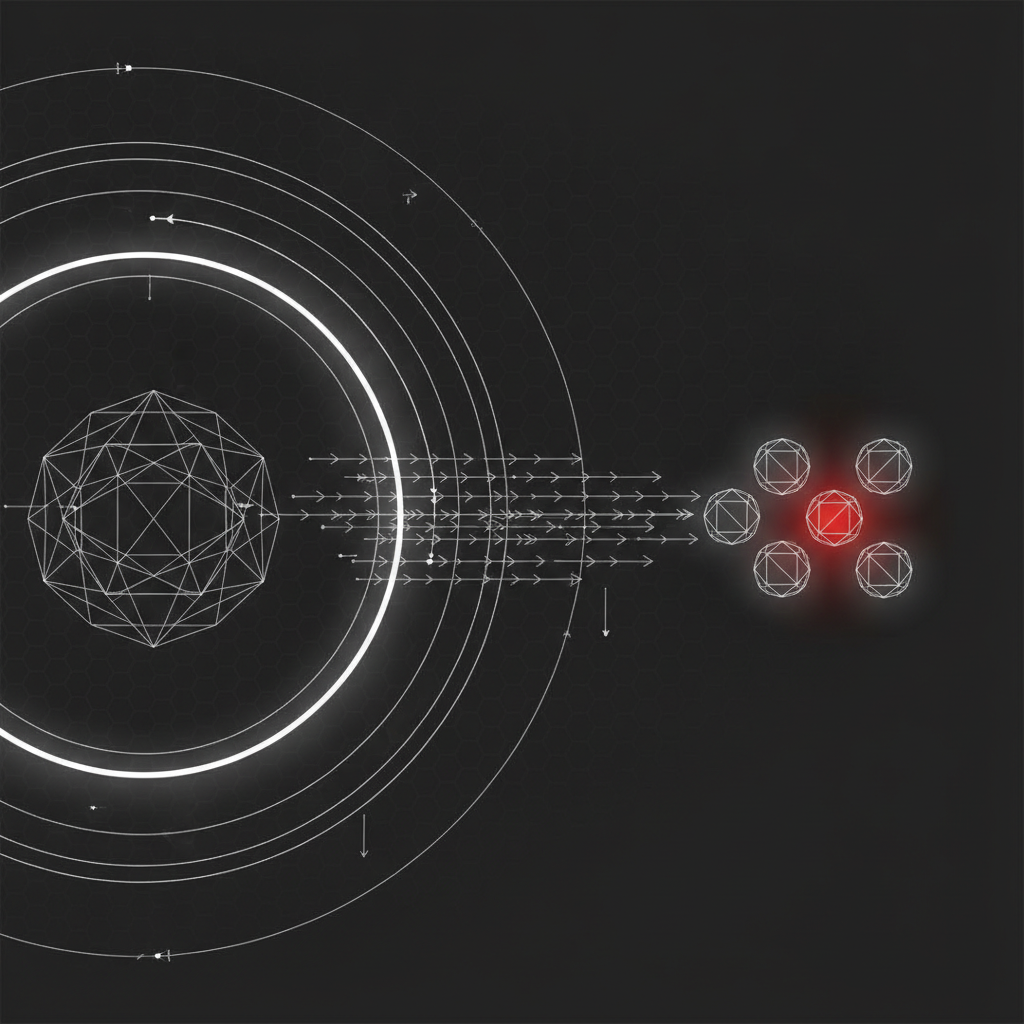 Diagrama geométrico abstracto de un nodo grande que transfiere arcos en capas a un grupo de nodos más pequeños, uno de ellos en rojo carmesí