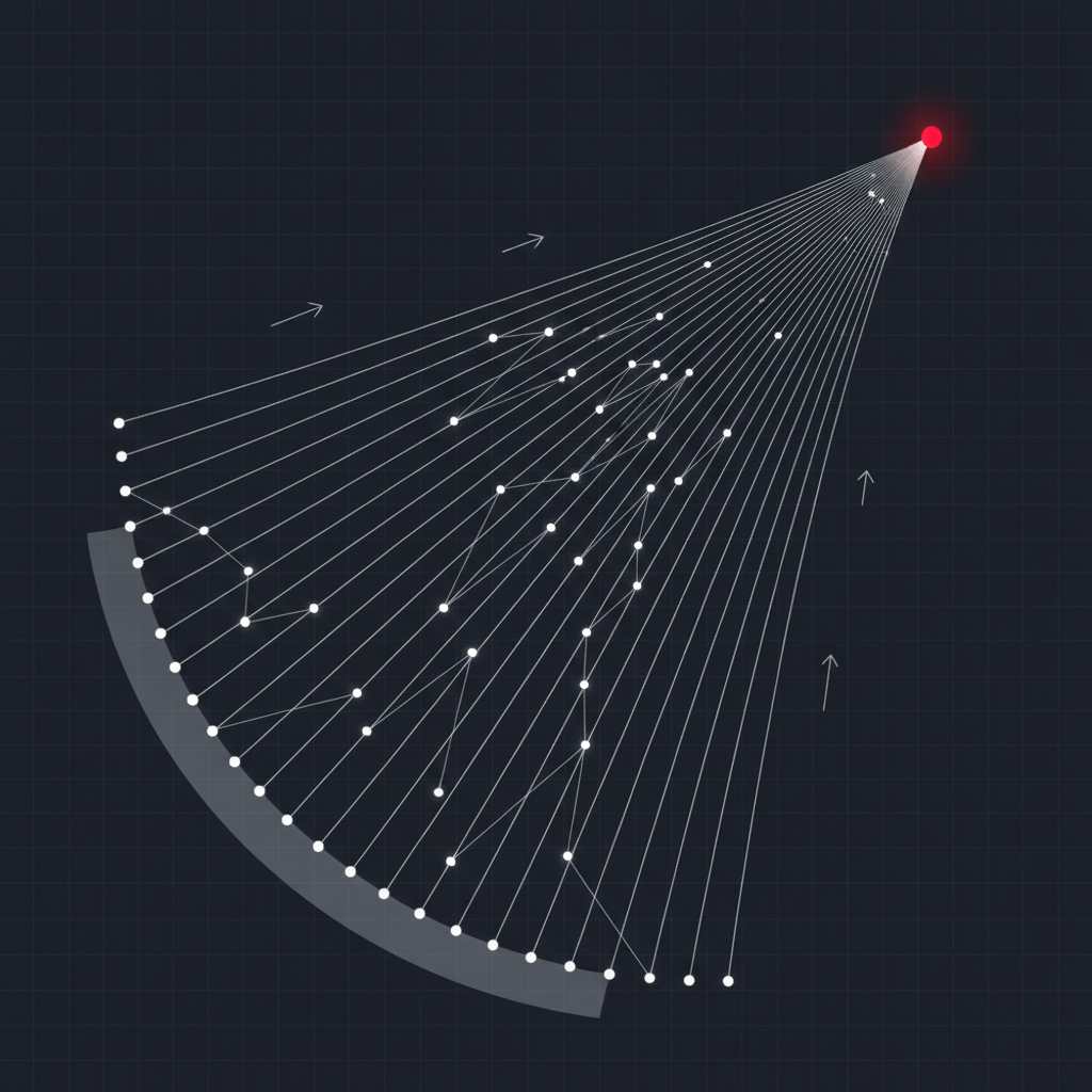 Abstract geometric diagram of ascending curves fanning into a widening cone of projected outcomes, with a crimson node at the endpoint