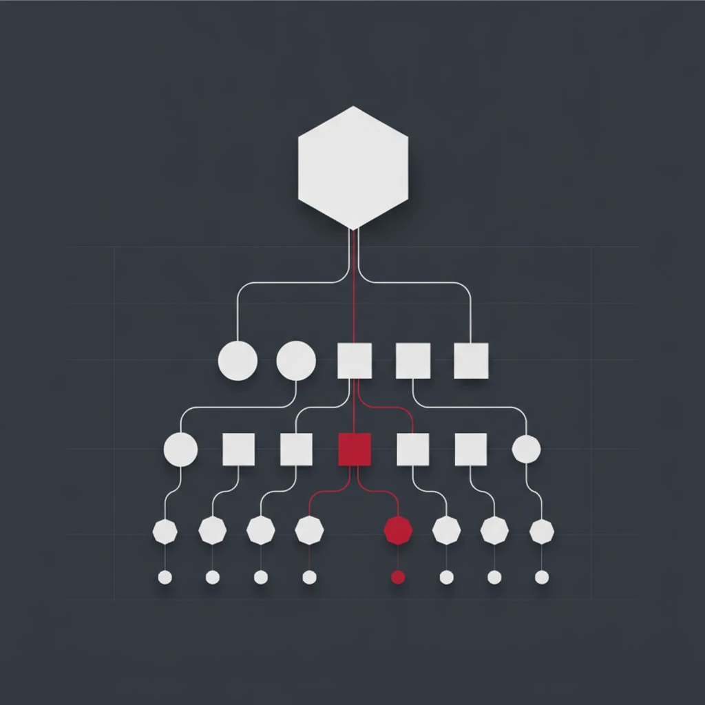 Abstract geometric hierarchical tree diagram of a top hexagon branching down through rows of shapes, with one vertical path highlighted crimson
