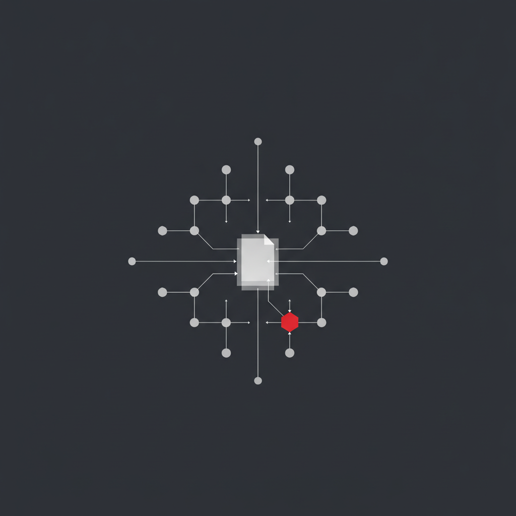 Abstract geometric diagram of a document icon at the center connected by circuit-like lines to a grid of nodes, with one crimson hexagon below