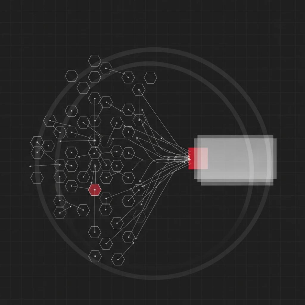 Abstract geometric diagram of a dense hexagonal network funneling through a crimson focal node into a single beam of light