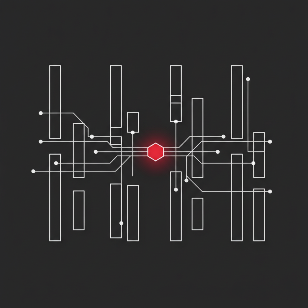 Abstract geometric grid of vertical bars converging on a glowing crimson hexagon at the center