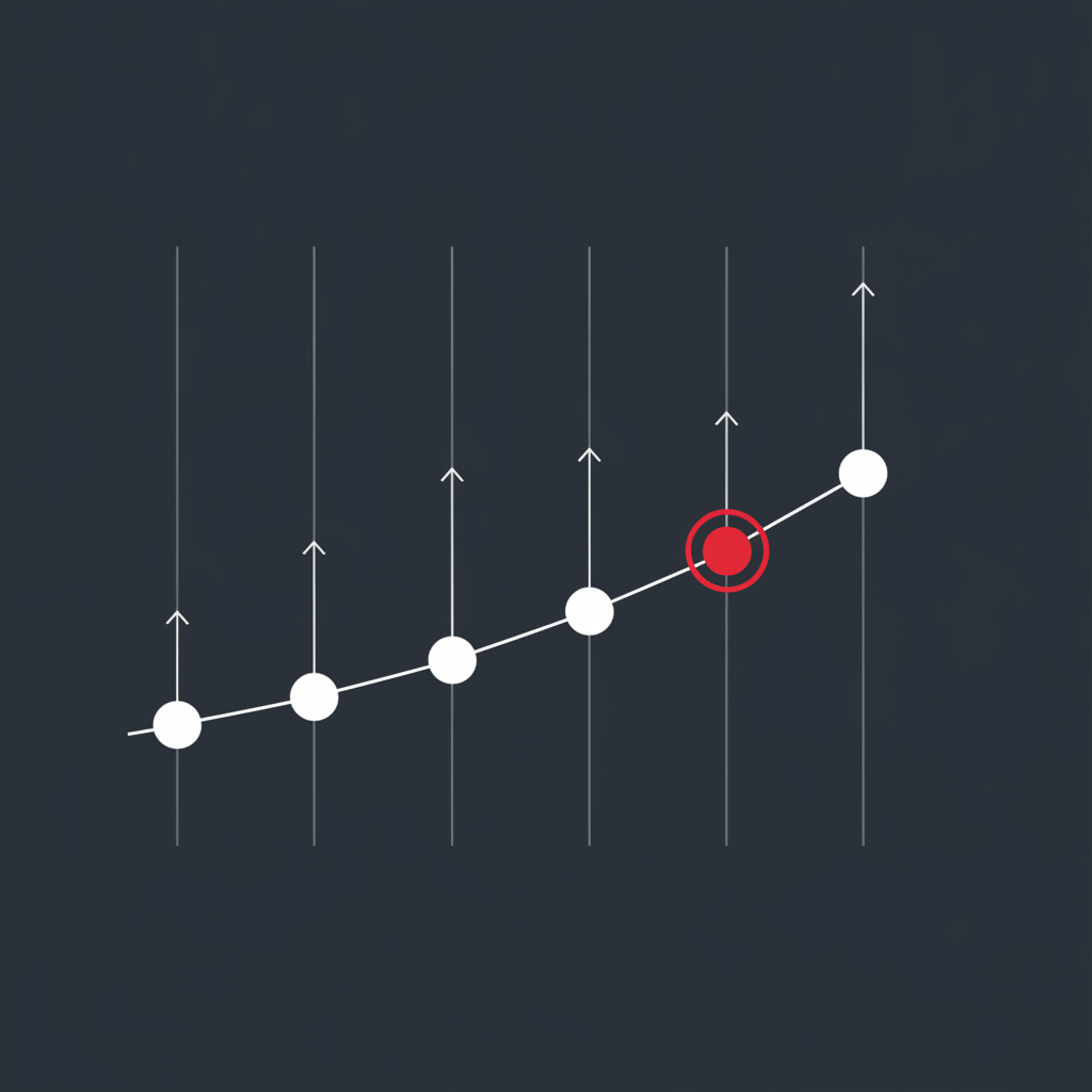 Diagrama geométrico abstracto de cinco nodos ascendiendo por una curva exponencial, con el cuarto nodo brillando en carmesí donde la curva se vuelve pronunciada