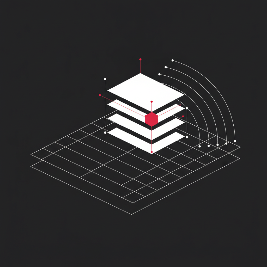 Abstract geometric diagram of layered content structures with a duplicated grid plane and a crimson focal node