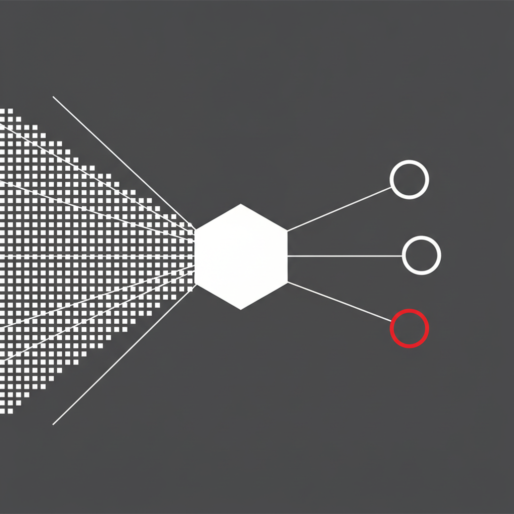 Diagrama geométrico abstracto de una cuadrícula de cuadrados canalizándose hacia un índice hexagonal central, con arcos radiantes terminando en círculos, uno relleno en carmesí