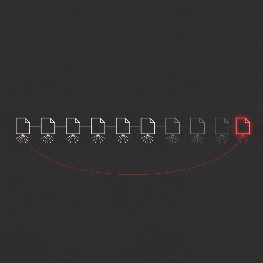 Abstract geometric row of connected squares forming a page sequence that fades into the distance, with the final square outlined crimson