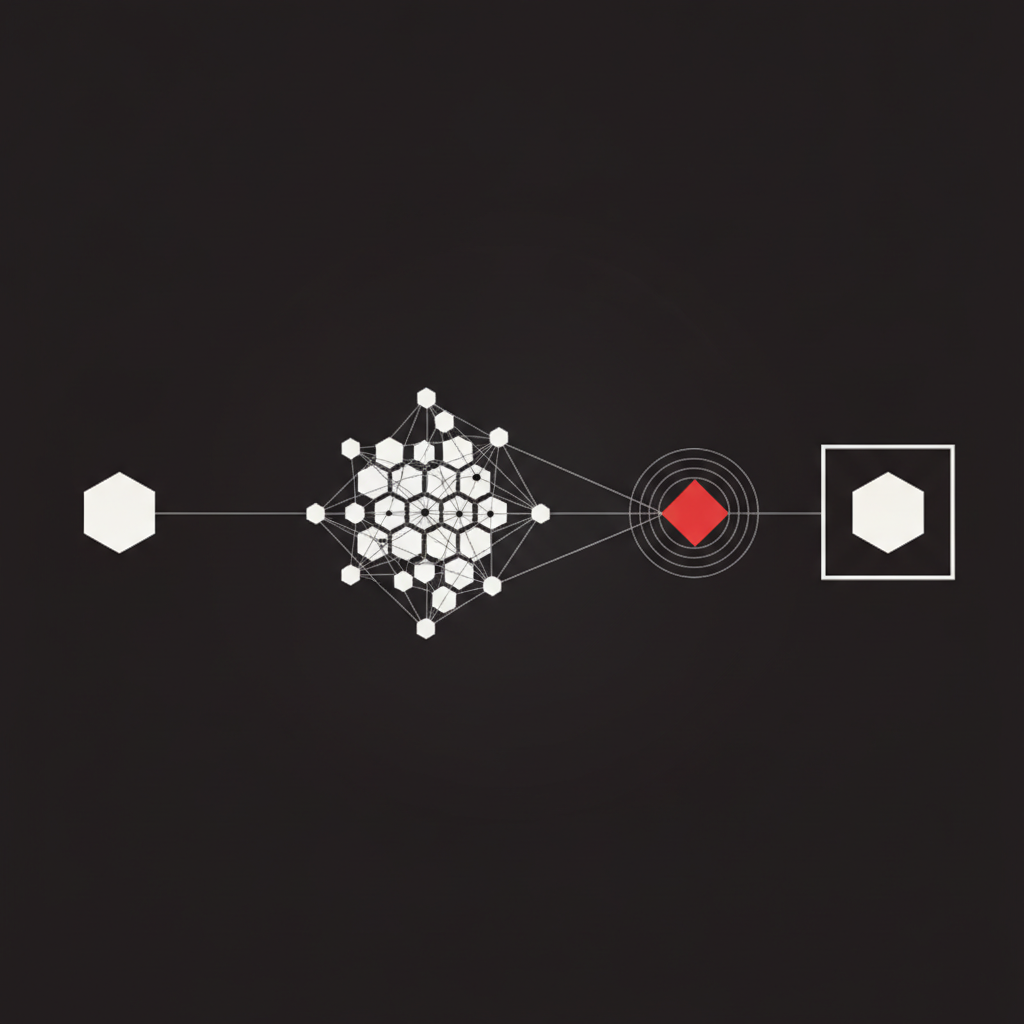 Diagrama geométrico abstracto: un nodo individual, un equipo agrupado y un nodo integrado convergiendo en un punto de decisión