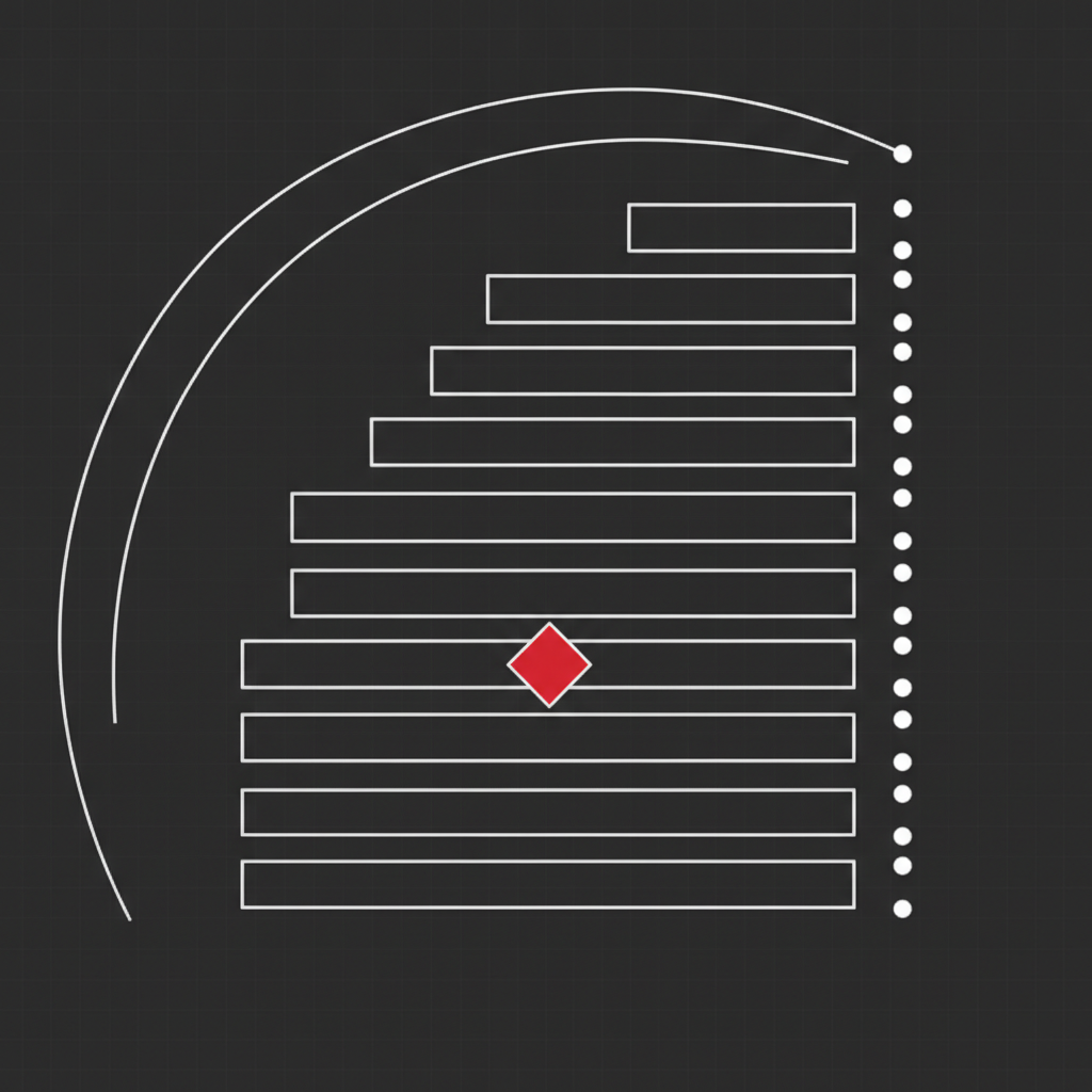 Diagrama geométrico abstracto de siete barras apiladas tipo secciones de documento conectadas a un raíl de puntuación, con un nodo en forma de diamante carmesí como punto focal
