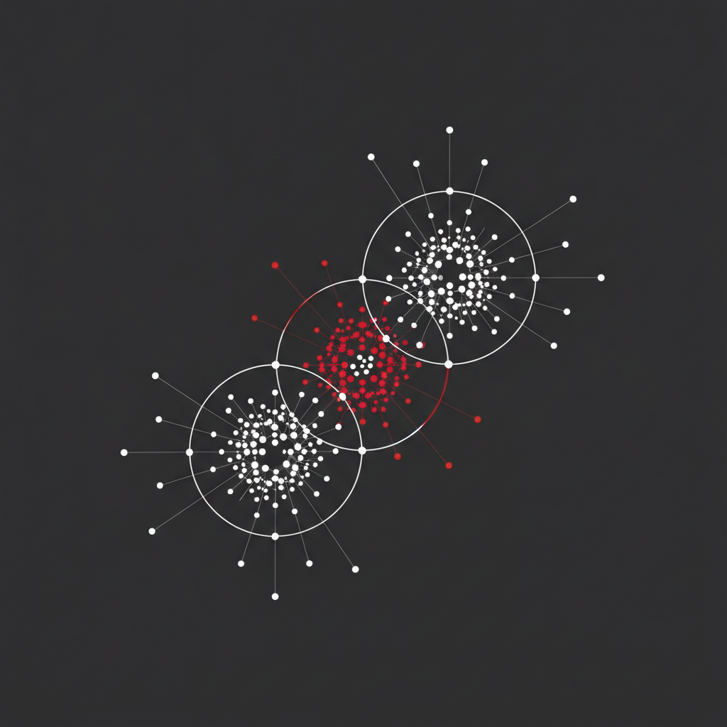 Diagrama geométrico abstracto de tres círculos superpuestos, cada uno con un estallido de puntos, con la intersección compartida destacada en carmesí