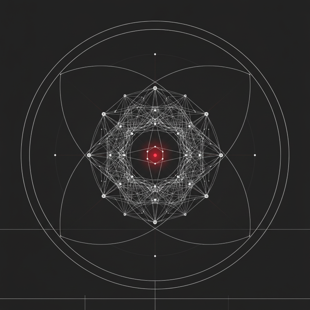 Abstract geometric diagram of three overlapping circular arcs with a dense node cluster at the shared intersection, marked by a single crimson hexagon