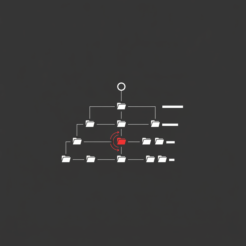Abstract geometric diagram of a nested URL hierarchy with a crimson redirect loop between two paths