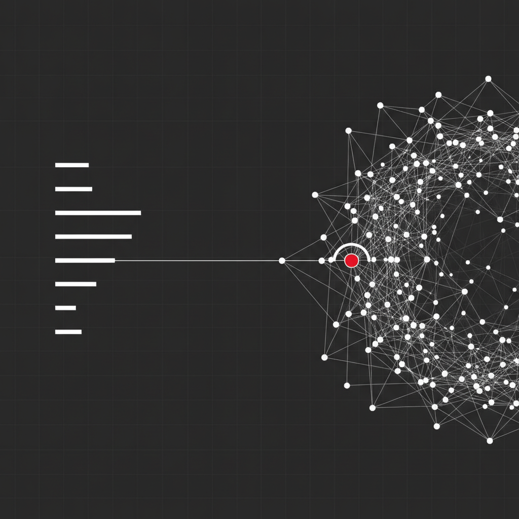 Abstract geometric diagram of a checklist branching into a sprawling node network with one crimson focal node