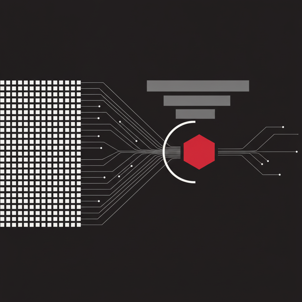 Abstract geometric diagram of duplicate product paths converging through an arc into a single crimson canonical node