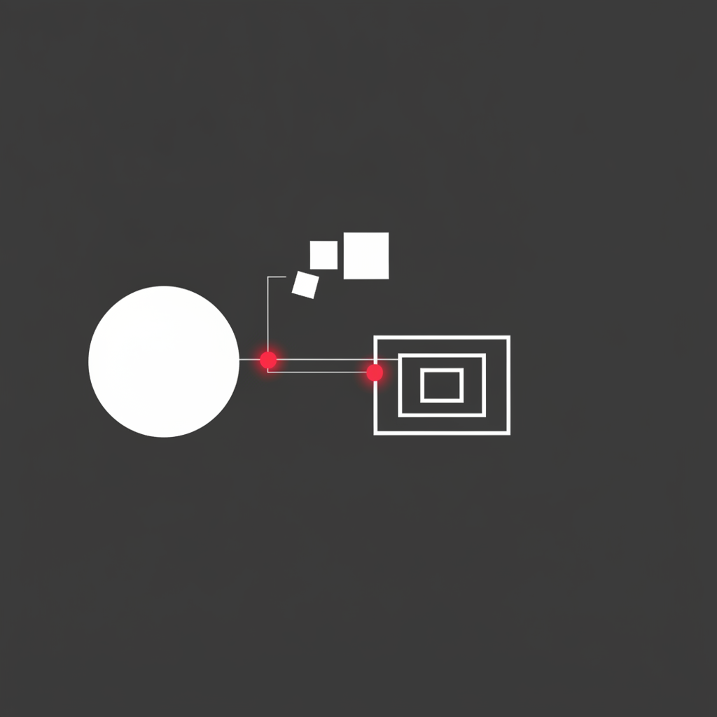 Abstract geometric diagram of two diverging paths from a white anchor node, one detaching into a floating cluster with broken connectors, the other nesting inside a continuous frame, with a crimson node at the split