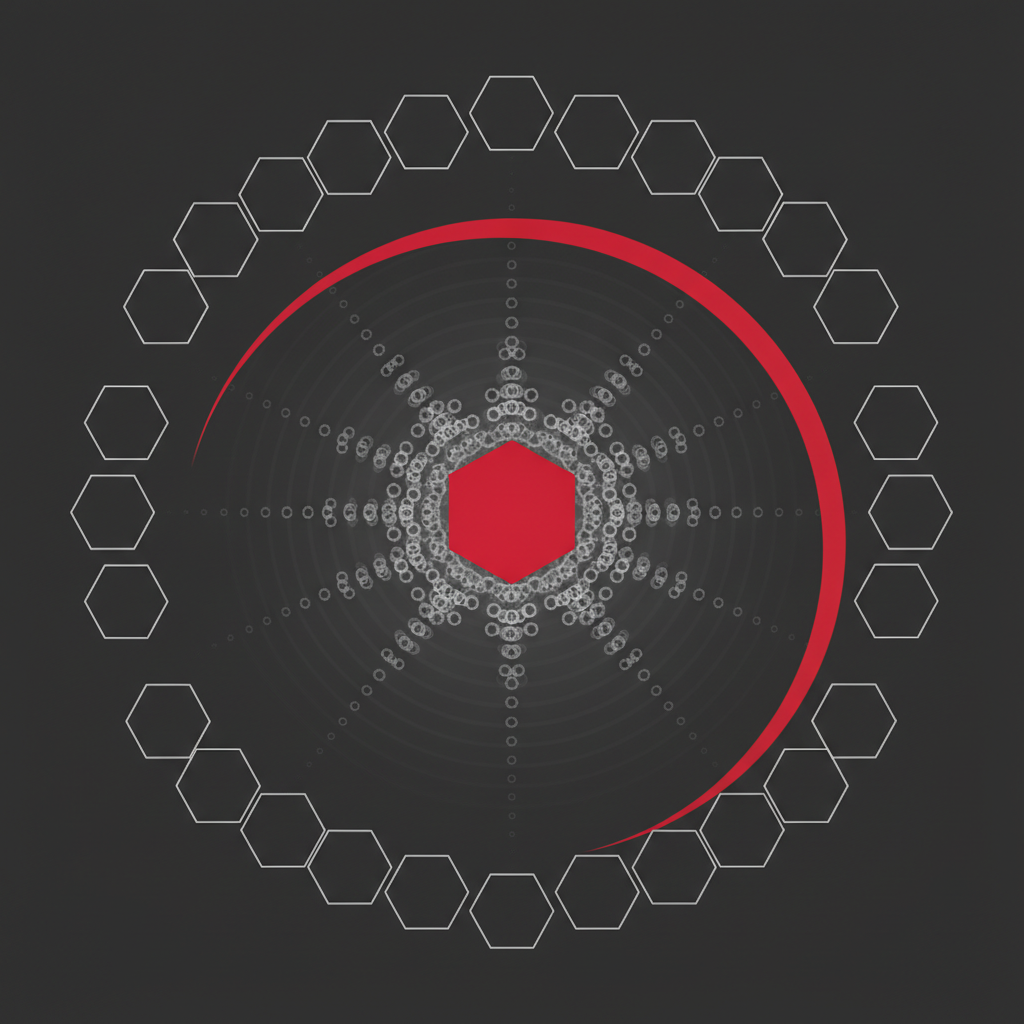 Abstract geometric diagram of white concentric rings radiating from a single crimson hexagon, ringed by evenly spaced hexagonal outlines disconnected from the centre