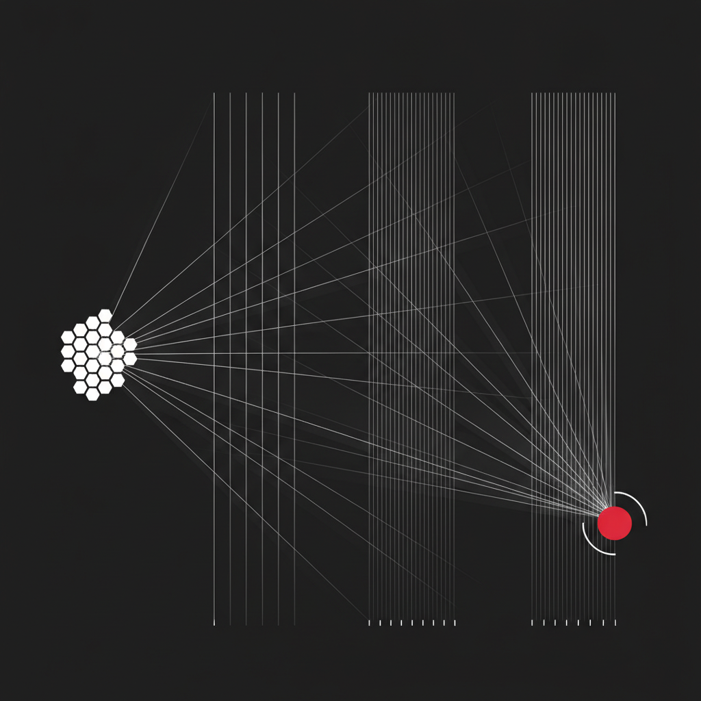 Abstract geometric diagram of a hexagon cluster fanning white lines through three layered grids, most dissipating, a few converging on a single crimson node
