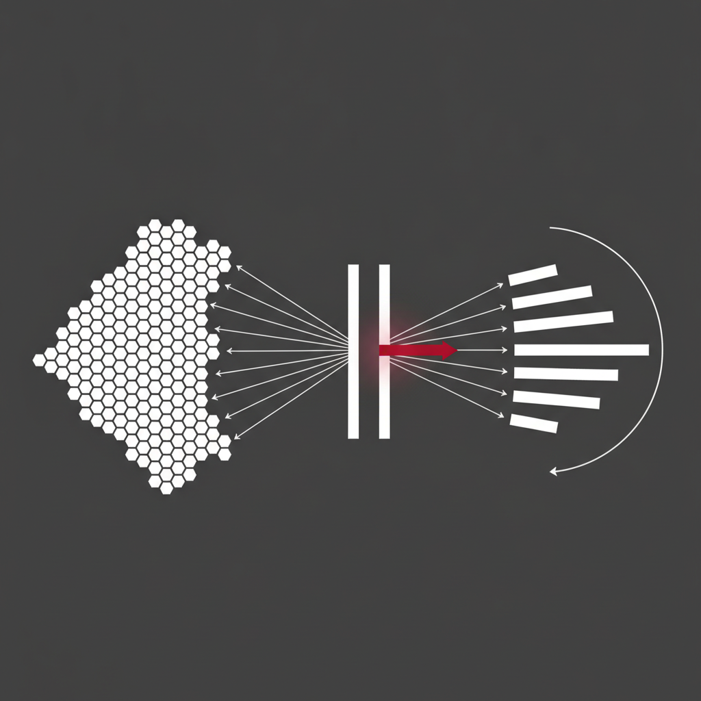 Abstract geometric diagram of a white hexagon cluster feeding arrows through a narrow two-bar gate into a layered stack, with one crimson arrow marking the approval checkpoint and a faint arc looping back