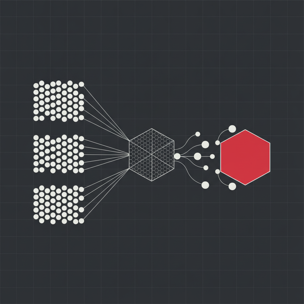 Geometric diagram of identical stacked blocks of uniform white nodes on the left, funnelling through a central hexagonal filter, with only a few uneven nodes surviving on the right and connecting to a single crimson hexagon