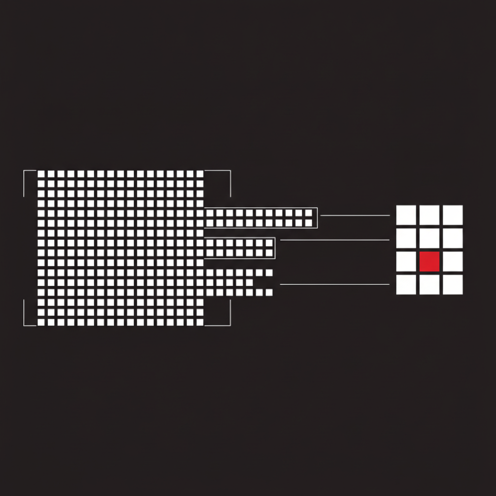Geometric funnel on a charcoal background: a dense grid of hundreds of white squares narrows through three sieve bands into a three-by-three block of nine, with one square filled crimson