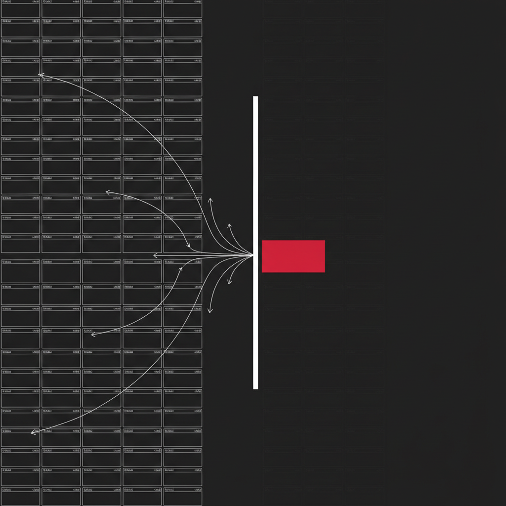 Abstract geometric grid of white outlined rectangles flowing toward a vertical gate, most fading past it while a single crimson rectangle stands sharp on the far side